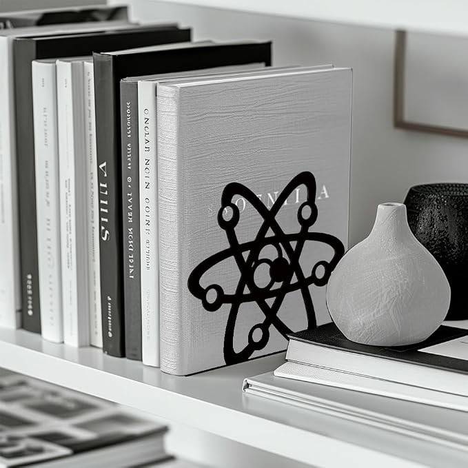 Peacoblue 5.3"x4.3"x6.1" Metal Bookends, Heavy Duty Book Ends for Shelves | Atom Theme Cast Iron Book Supports, 1 Pair Decor Stoppers for Desk, Library, Office & Home Shelves