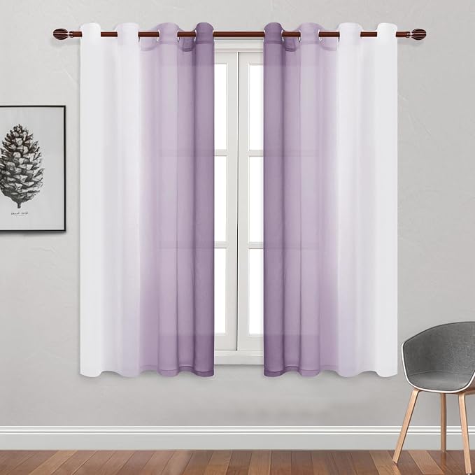 DWCN Lavender Faux Linen Ombre Sheer Curtains - 63 inches Long Gradient Semi Voile Curtains for Bedroom and Living Room, Set of 2 Grommet Top Window Curtain Panels, W52 x L63 Inches, Lavender