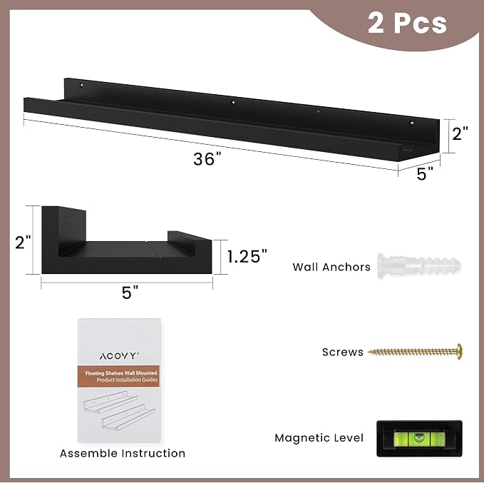 Acovy Floating Shelves for Wall, 36 inch Solid Wood Picture Ledge Shelf, Picture Shelf for Wall with Ledge, Floating Book Shelves for Living Room Bedroom Kitchen Nursery Decor, Black, Set of 2