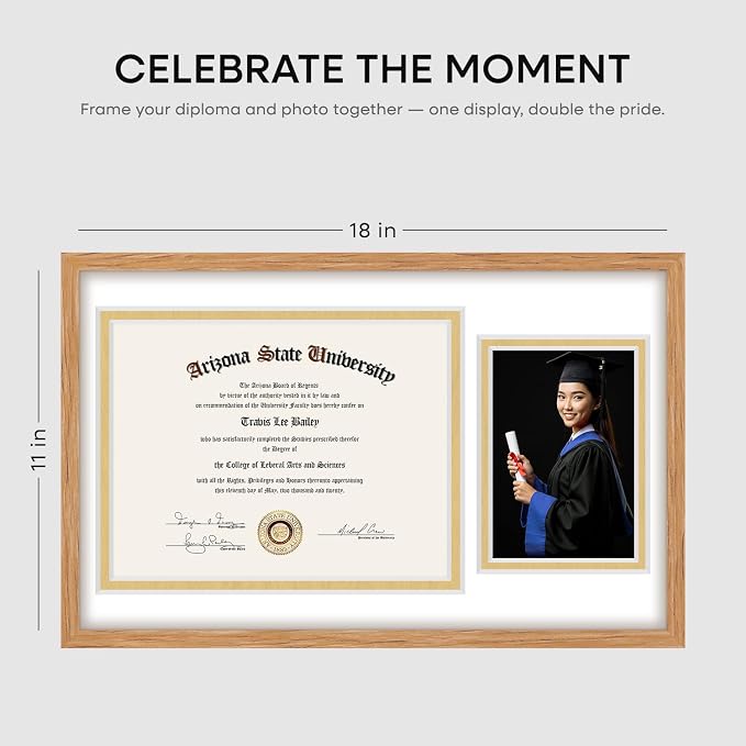 Homeforia 11x18 Natural Oak Diploma Frame, High-End Wood, 8.5x11 & 5x7 Mat