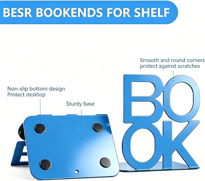 Book Ends Blue Metal BookEnds for Bookrack Desk,Books