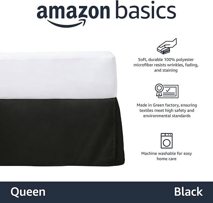 Amazon Basics Lightweight Pleated Bed Skirt, Machine Washable, Wrinkle and Fade Resistant, Queen, Black (Pack of 8)