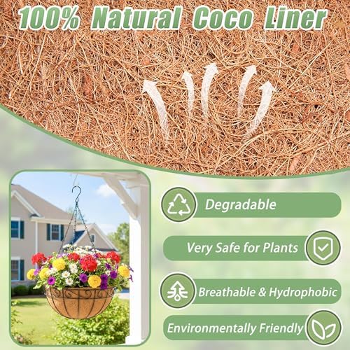 4 Pack 12 Inch Hanging Baskets for Plants Outdoor Metal Hanging Planters Round Hanging Flower Pots with Coco Coir Liner Plant Holder for Outdoor Patio Garden Balcony Decor - Flower Border