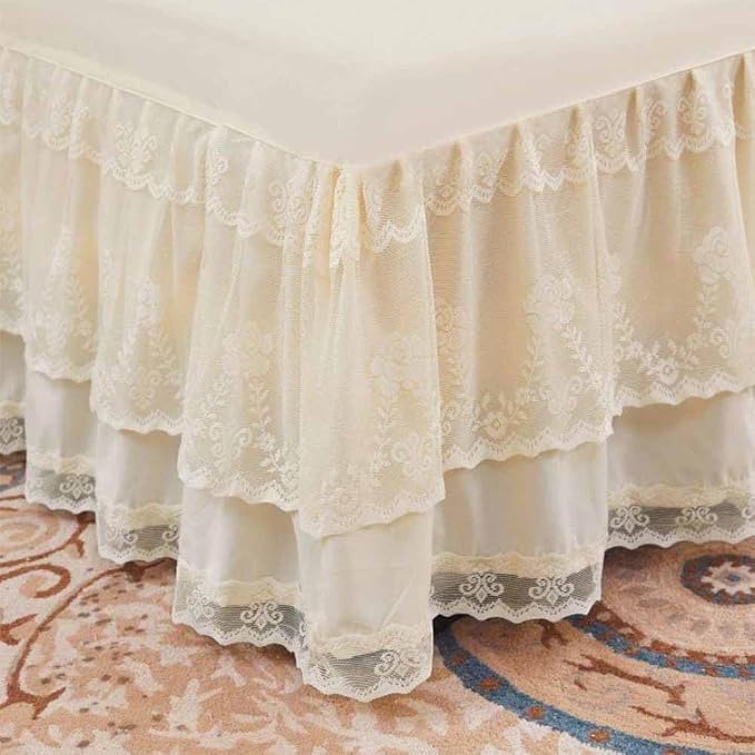 Double Lace Bed Skirt for King Bed - 17in. Drop, Easy Fit Ruffle Bedskirt Wrap Around Bed Skirt, Anti Wrinkle & Fade Resistant