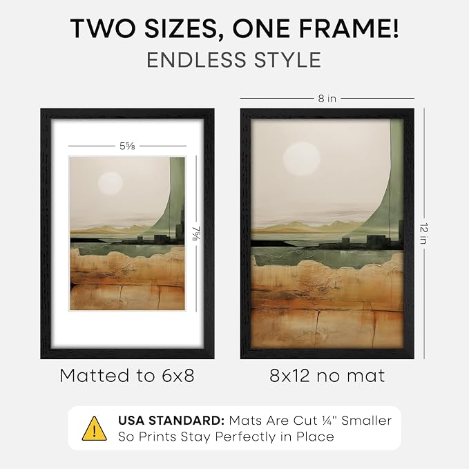 Homeforia 8x12 Black Oak Picture Frame, High-End Wood, 6x8 Mat, Glass