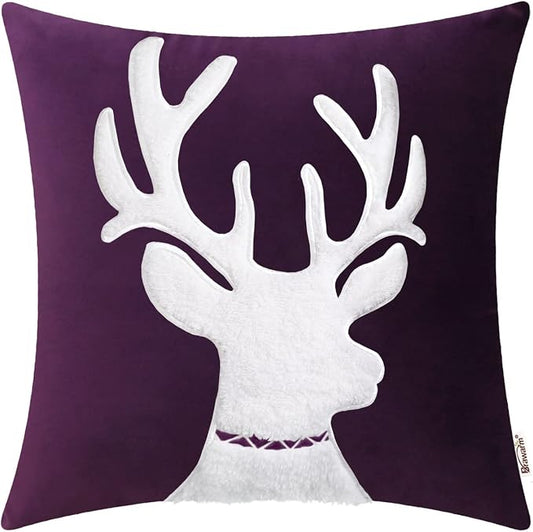 BRAWARM Christmas Pillow Cover 20 X 20 Inches, Purple Reindeer Embroidered Pillow Cover, Soft Velvet Decorative Throw Pillow for Couch Bed Sofa Living Room Home