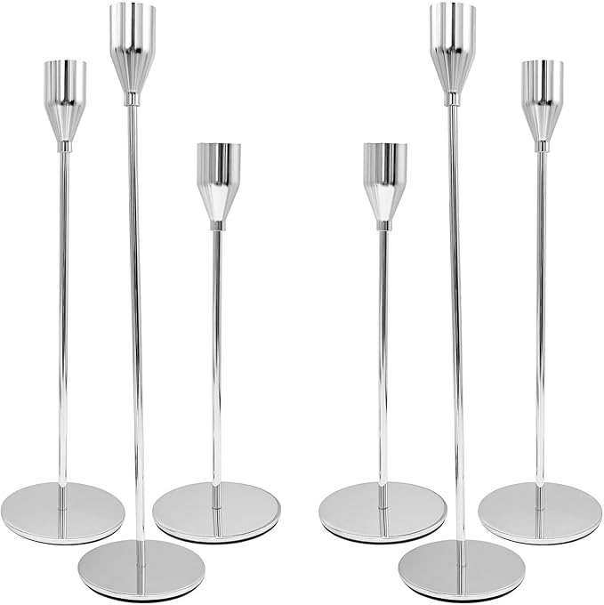Candlestick Holders, Set of 6 Taper Silver Candle Holder Decor for Date, Festival, Wedding, Party, Dinning or Anniversary, Fit 3/4" Thick Pillar Candles & Led Candles