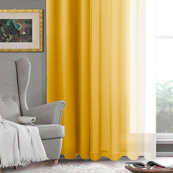 DWCN Ombre Sheer Curtains - Faux Linen Semi Voile Gradient Light-Filtering Bedroom and Living Room Curtains, Set of 2 Grommet Top Window Drape Panels, 42 x 84 Inch Length, Mustard Yellow
