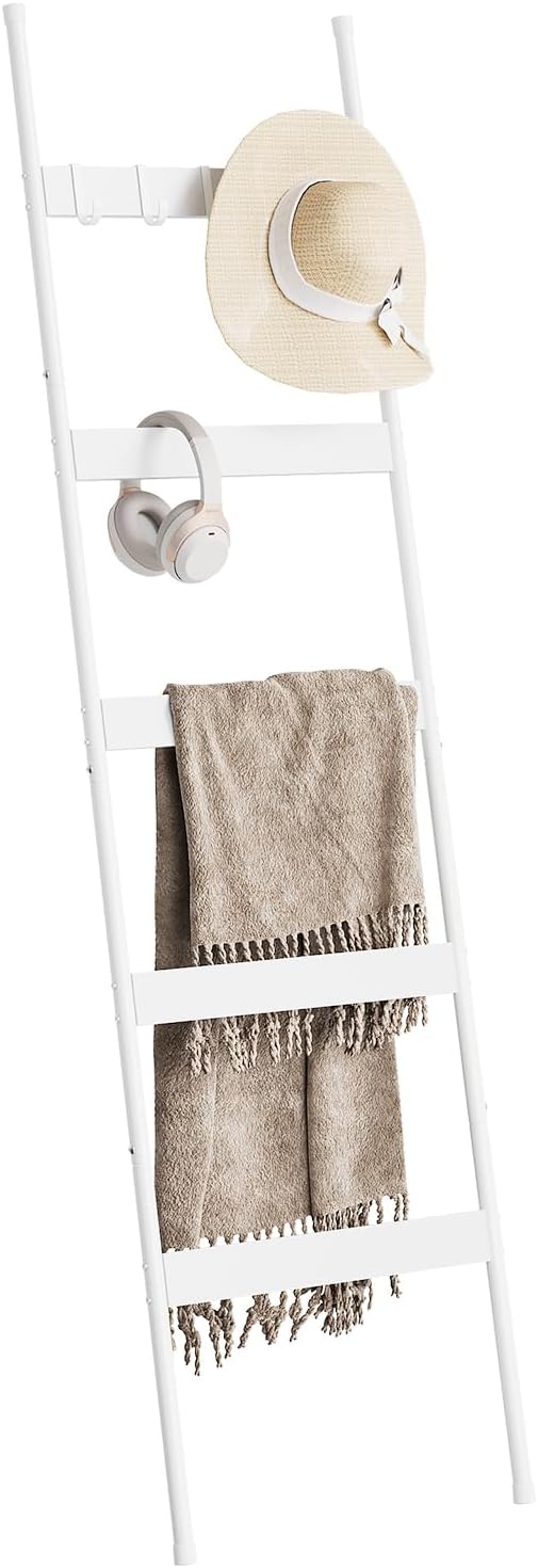 ELYKEN Blanket Ladder, 5-Tier Towel Rack, Wall-Leaning Quilt Holder | Farmhouse Wood Display Stand with 4 Hooks, Decorative Rack Shelf for Living Room, BedRoom, Bathroom, White