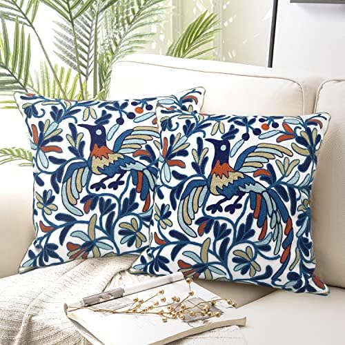 Alysheer Floral Embroidered Throw Pillow Cover 18"x 18" Set of 2, Blue Bird
