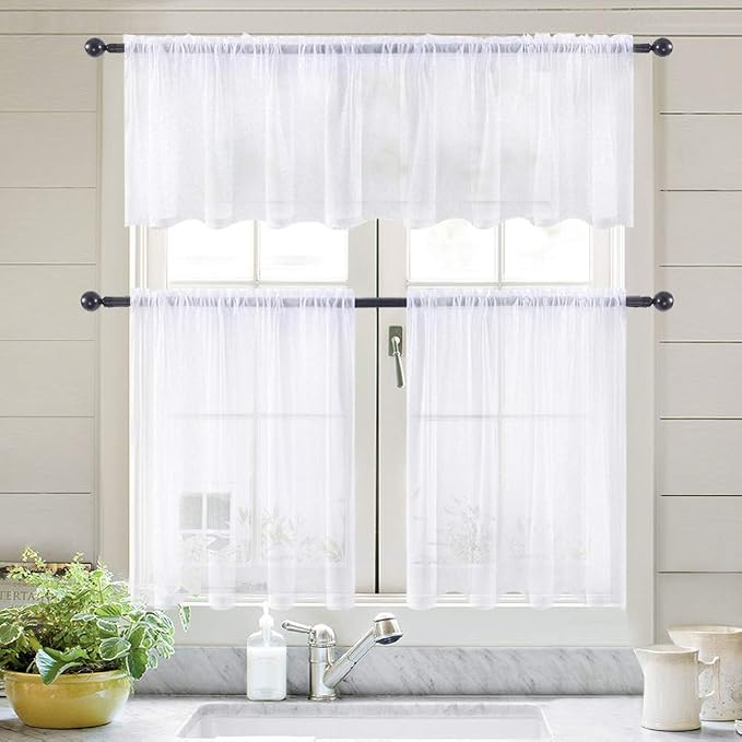 MIULEE White Sheer Kitchen Curtains 36 Inch Length Linen Textured Half Window Curtains for Bathroom Cafe, Rod Pocket Short Curtain Tiers Light Filtering Drapes 2 Panels 29 x 36 Inches Long