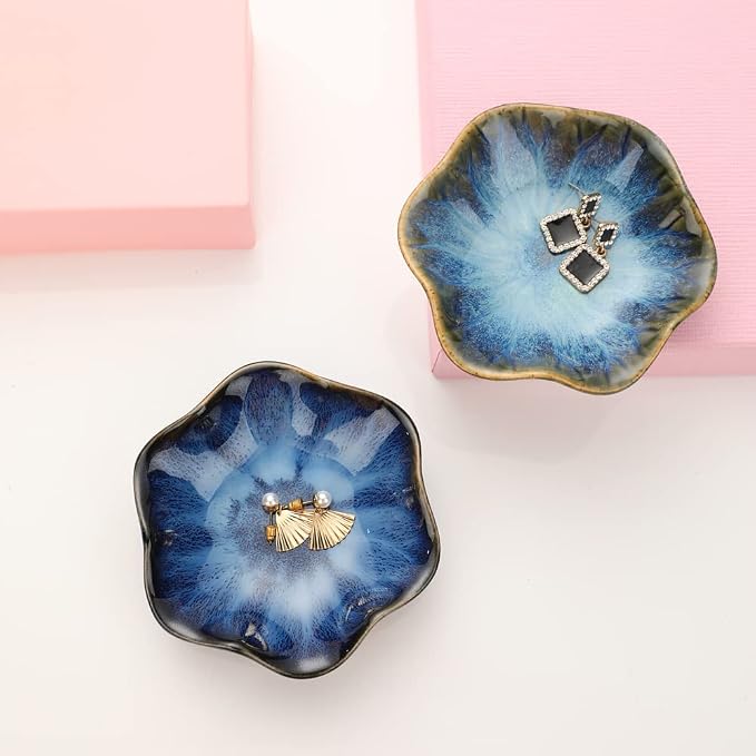 Binoster Gifts for Women Ceramic Jewelry Dish,Leaf Jewelry Tray Key Tray,Small Ring Dish Holder Decorative Jewelry Plate Trinket Dish Catchall Tray Nightstand Decor for Entryway Blue Table Room Decor