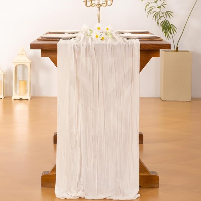 Cheesecloth Table Runner White Fall Boho Wedding Birthday Party Home Decor | Ivory White 6pcs Rustic Gauze 10FT Cheese Cloth Sheer Farmhouse Dining Runner for Baby Shower Bridal Holiday Decorations