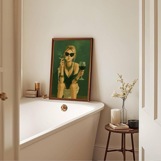 YUECOSHMAO Dark Green Bathroom Wall Art Fashionable Girl Canvas Art Print Interesting Toilet Decoration Murals Modern Toilet Murals for Laundry Room Bathroom Home Decoration Poster16X24 Inch Unframed