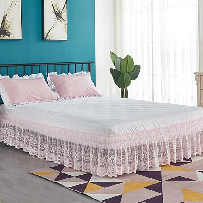 Pink Lace Bed Skirt for King Bed - 15in. Drop, Easy Fit Ruffle Bedskirt Wrap Around Bed Skirt, Anti Wrinkle & Fade Resistant