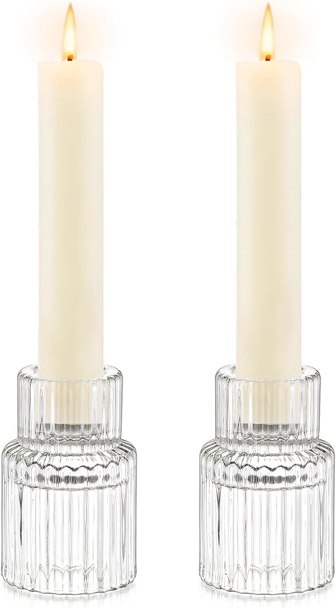 Hewory Taper Candle Holders Bulk, 2PCS Clear Glass Candlestick Holders | For 0.86" Taper Candles, Ribbed Candle Sticks Holder Decor, Wedding Table Centerpiece, Bridal Showers, Christmas, Home Decor