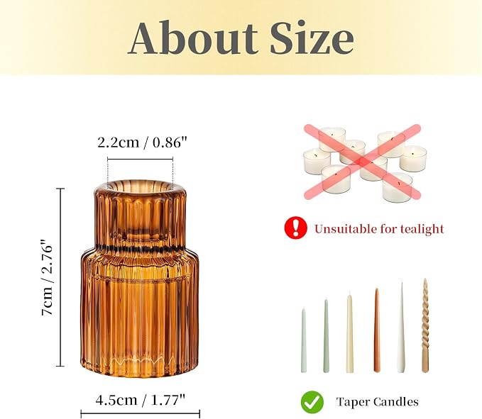 Hewory Glass Candlestick Holders Bulk, 10PCS Amber Taper Candle Holders | For 0.86" Taper Candles, Ribbed, Vintage Candle Sticks Holder Decor, Wedding Table Centerpiece Fall Thanksgiving Home Decor
