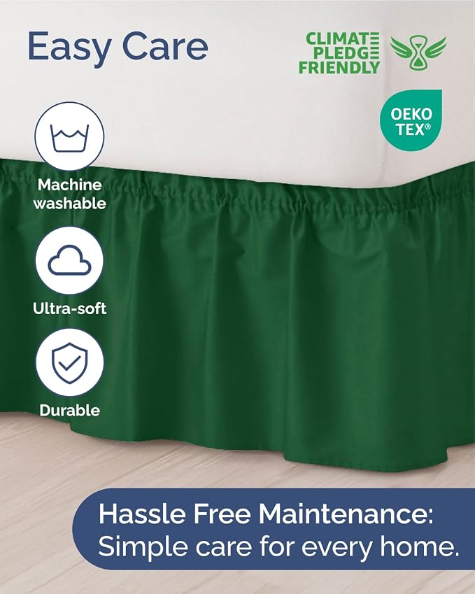 Wrap Around Dust Ruffle Bed Skirt - College Dorm Room - Twin/Twin XL | Emerald Green, 12 Inch Drop, Elastic Strap & Adjustable Pleated Bedskirt, Wrinkle Free, for Women, Men, Students & Teens