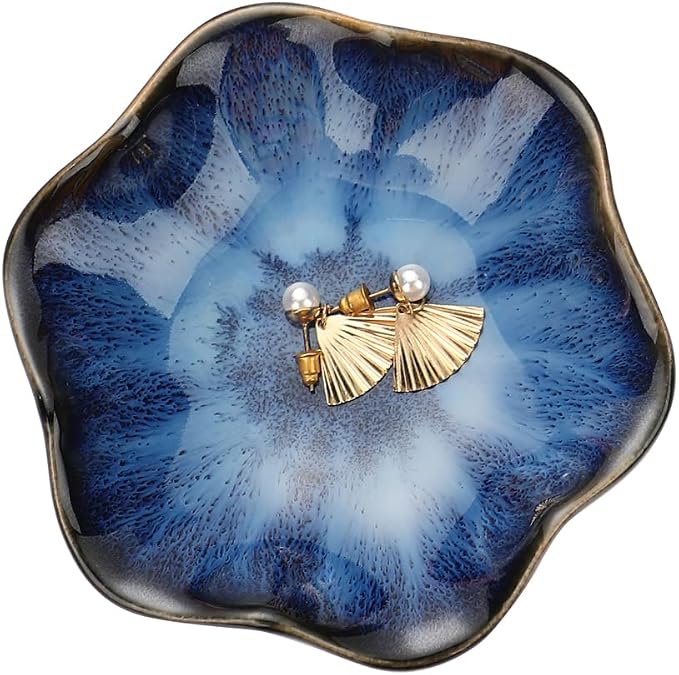 Binoster Gifts for Women Ceramic Jewelry Dish,Leaf Jewelry Tray Key Tray,Small Ring Dish Holder Decorative Jewelry Plate Trinket Dish Catchall Tray Nightstand Decor for Entryway Blue Table Room Decor