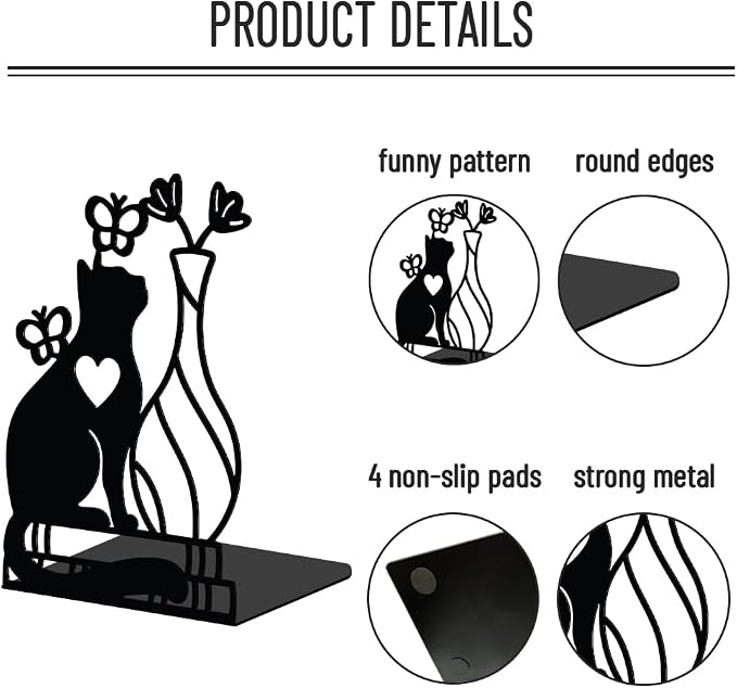 WADORN 1 Pair Cute Cat Flower Metal Decorative Bookend for Shelves, Heavy Duty Book Ends Modern Non-Skid Books Holder Stand Black Book Support Stoppers for Desk Bookshelf Office Home, 5.3x4.3x7.9 Inch
