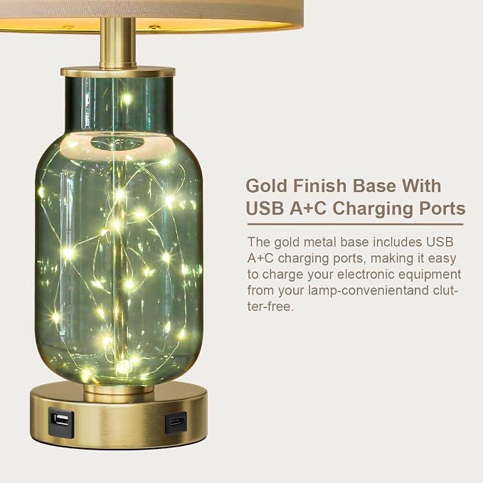 Oneach 22" Glass Table Lamps Set of 2 with Night Light for Bedroom, Green