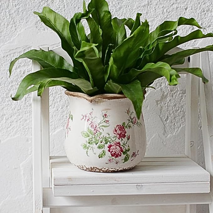 Xiaan Jiaju Shabby Chic Flower Pot, 6.11 Inch Ceramic Planter with Drainage for Indoor Plants, Vintage Ceramic Vase, Country Chic Spring Garden Home Decor, Pink Rose Floral