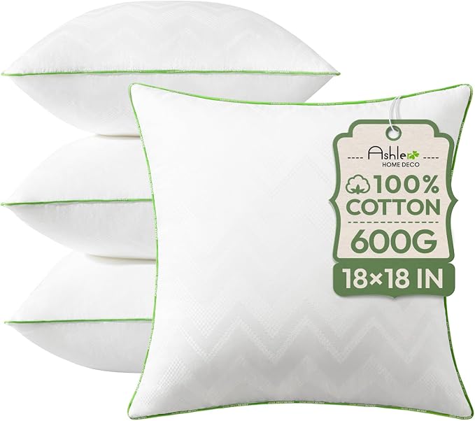 Ashler 18 x 18 Pillow Inserts Set of 4, Hypoallergenic Pillow | 100% Cotton Cover, 18 Inch Square, Interior Sofa Stuffer, Soft & Supportive, Decorative White Couch Pillow