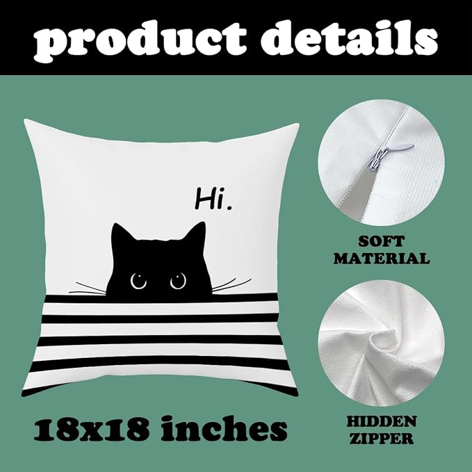 Fokongna Hi Cute Black Cat PatternPillow Covers for Couch Home Bedroom Living Room 18 x 18 Inch Pillow Covers
