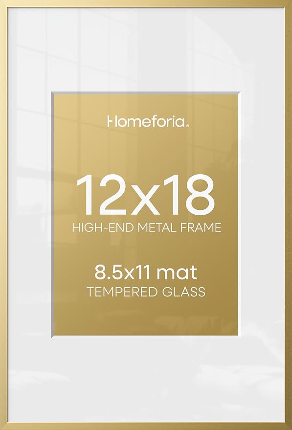 Homeforia 12x18 Gold Picture Frame, High-End Metal, 8.5x11 Mat, Glass
