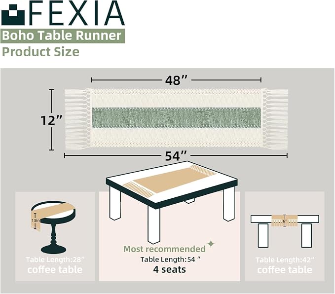 FEXIA Boho Table Runner for Home Decor 12x48 Sage Green Fall Decorations | 48 Inches Long with Tassels Rustic Macrame Farmhouse Table Cover for Wedding Party Bohemian Bridal Shower Dining Decorations