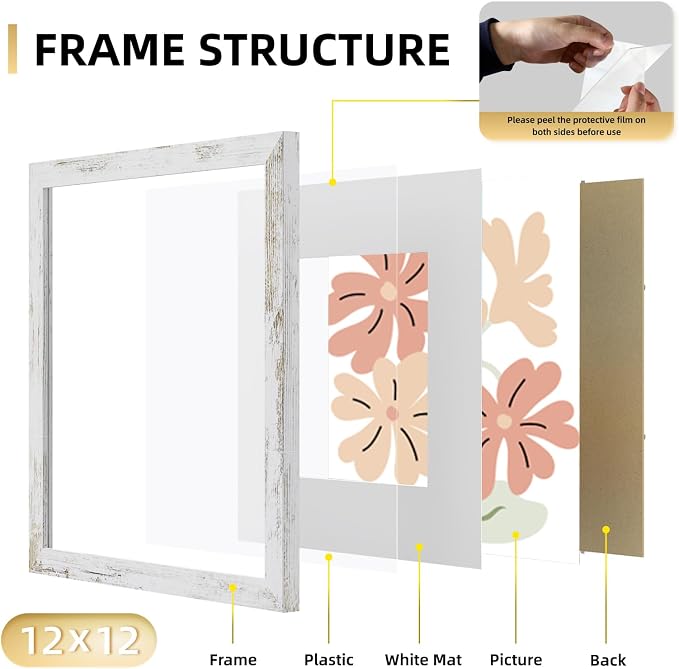 YESKAY 12x12 Picture Frame Set of 9, Photo Gallery Wall Frame Set, Display Pictures 8x8 with Mat or 12 x 12 Without Mat, Square Frame Picture Frames Collage Wall Decor, Distressed White