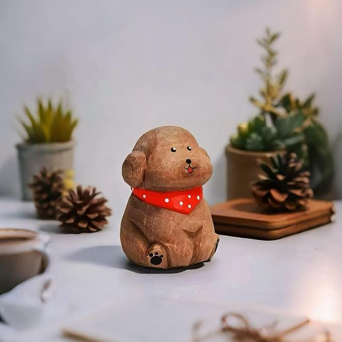 Hand-Carved Wooden Teddy Dog Figurine, 2.7" Brown Puppy Statue with Base for Car Dashboard, Desk & Home Decor, Gift for Dog Lovers