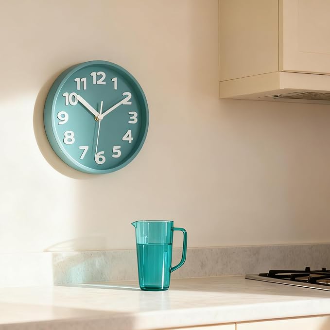 JENLYSTIME 8 Inch Vibrant Teal Modern Wall Clock – Silent Non-Ticking, Bold 3D Numbers, Precise Quartz Movement | Decorative Desk & Wall Clock with Stand for Home, Kitchen, Bedroom, or Office
