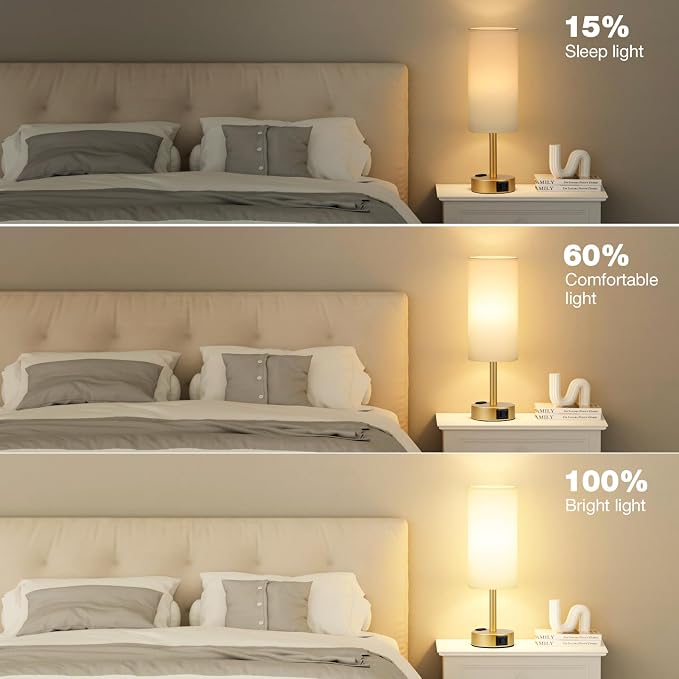 Fenmzee Gold Bedside Lamp for Bedroom, Dimmable Touch, USB A+C, AC Outlet