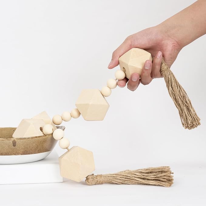 2" Octagonal Extra Large Wood Bead Garland with Tassels, 28" Long Rustic Farmhouse Wooden Beads Garland, Decorative Beads Boho Decorations for Home Table Mantle Natural Beige