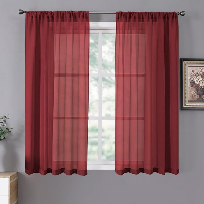 Tollpiz Short Sheer Curtains Living Room Linen Textured Curtain Sheers Light Filtering Voile Rod Pocket Curtains for Bedroom, 38 x 45 inches Long, Burgundy Red, Set of 2 Panels