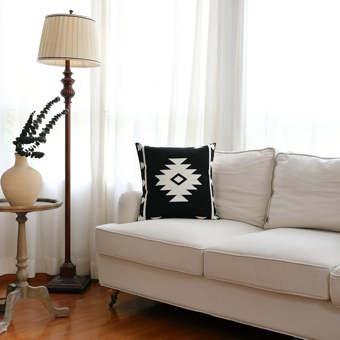 IKATYARN Black White Aztec Embroidery Throw Pillow Cover, Boho Tribal Geometric Pillowcase, Modern Farmhouse Cushion Case for Couch Sofa Bed, 20"x20"