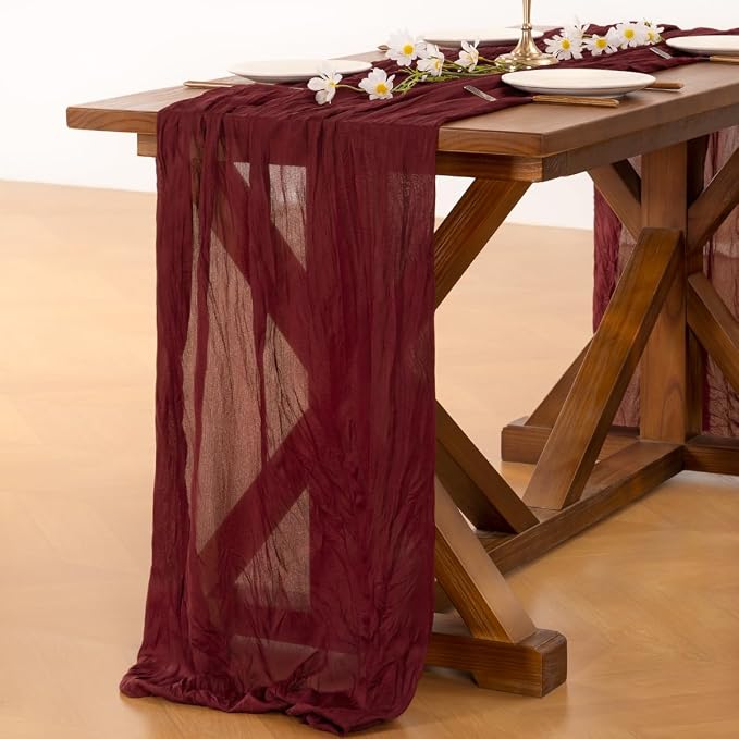 Cheesecloth Table Runner Fall Boho Wedding Birthday Party Home Decor | Burgundy 10pcs Rustic Gauze 10FT Cheese Cloth Sheer Farmhouse Dining Runner for Baby Shower Bridal Holiday Decorations