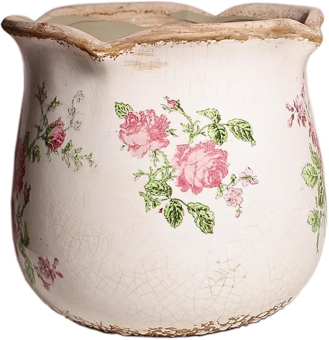 Xiaan Jiaju Shabby Chic Flower Pot, 6.11 Inch Ceramic Planter with Drainage for Indoor Plants, Vintage Ceramic Vase, Country Chic Spring Garden Home Decor, Pink Rose Floral