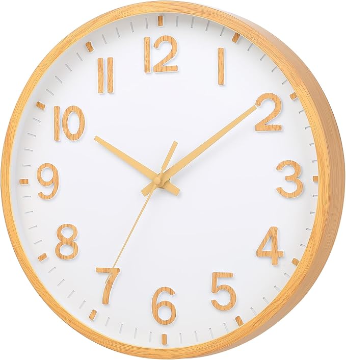 Wall Clocks Battery Operated 8 inch Modern Wall Clock,Silent Non Ticking Wall Clock for Living Room Bedroom Kitchen Office Classroom Decor (Wood Grain Yellow White)