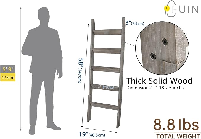 FUIN Blanket Ladder, 5ft Angled rungs Rustic Solid Wood Decor Rack, Grey | 5 rungs, farmhouse quilt display holder, organize towel, leaning wall, bathroom and living room use, knocked down side rail