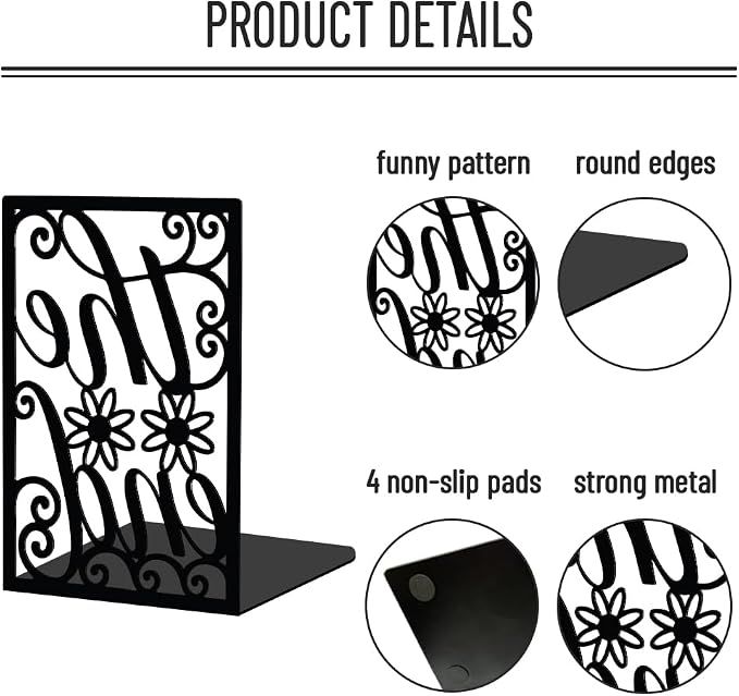 WADORN 1 Pair Once Upon A Time Metal Decorative Bookend for Shelves, Heavy Duty Book Ends Modern Non-Skid Books Holder Stand Black Book Support Stoppers for Desk Bookshelf Office, 5.3x4.3x7.9 Inches