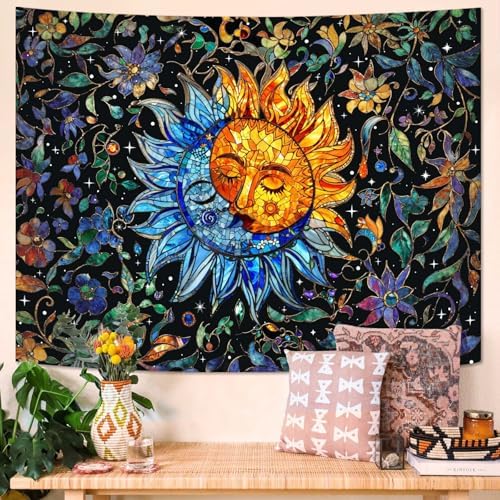 Accnicc Sun and Moon Tapestry Boho Hippie Floral Wall Tapestry for Bedroom Aesthetic Vintage Stained Glass Celestial Plant Small Tapestries Wall Hanging for Living Room Dorm 60 x 44 Inch