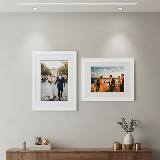 12x16 Picture Frame-White,9x12 Mat,Tempered Glass,Engineered Wood