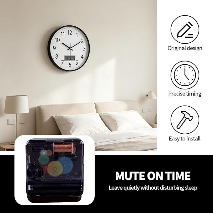 SIN&MI Wall Clock 12 Inch LCD Display Number Frame Glass Cover Non-Ticking Number Quartz Wall Clock Modern Quartz Design Decorative Indoor/Kitchen White