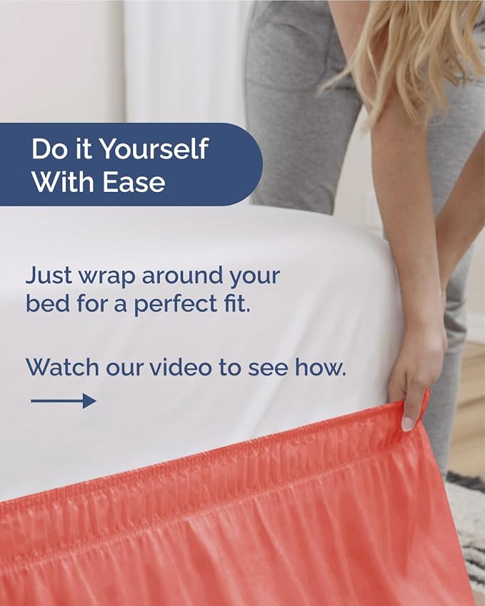 Wrap Around Dust Ruffle Bed Skirt - Coral - for King Size Beds w/ 16 Inch Drop - Easy Fit Elastic Strap - Adjustable Pleated Bedskirt w/Brushed Fabric - Wrinkle & Fade Free - Women, Men, Kids & Teens
