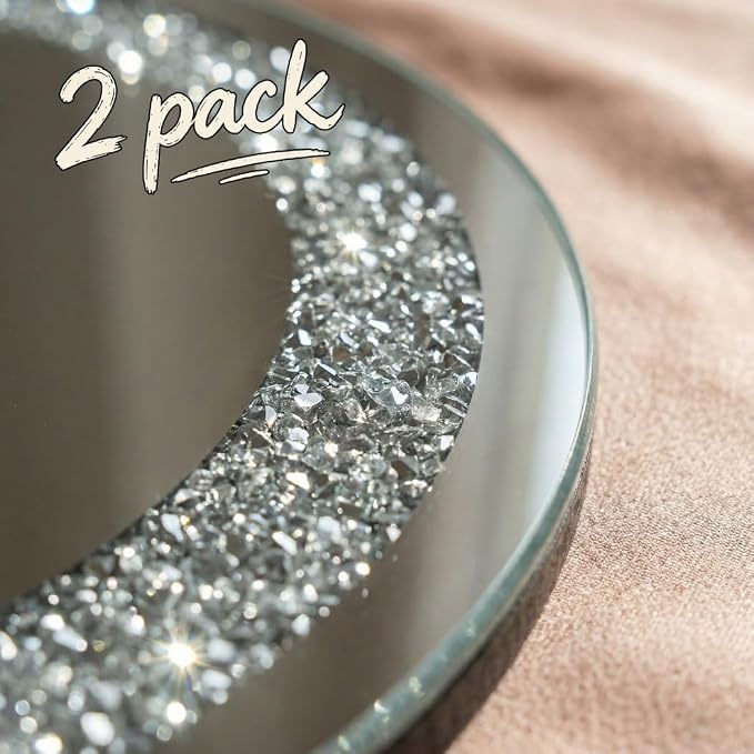 QMDECOR Crystal Crush Diamond Silver Mirror 2 Pack Diameter 12inch Round Shape with Iron Chain Real Glass Mirror for Wall Decor