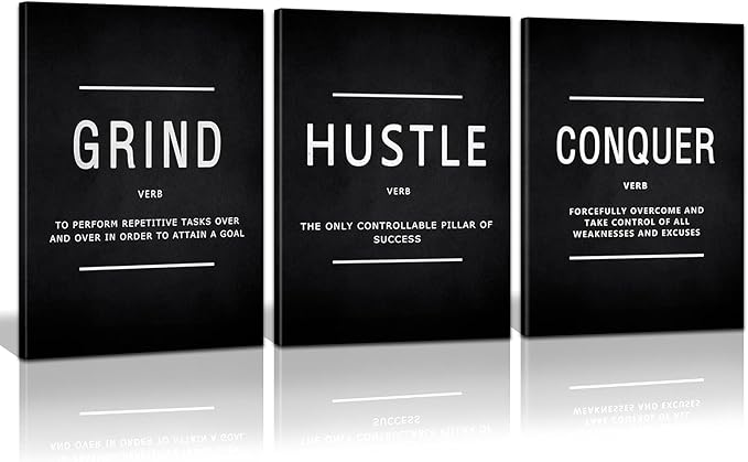 KAWAHONE Grind Hustle Conquer Wall Art, Success Canvas Painting Wall Decor Motivation Poster Framed Inspiration Quotes Picture Positive Wall Hanging for Home Office Workplace -16" Wx 24" Hx 3 PCS