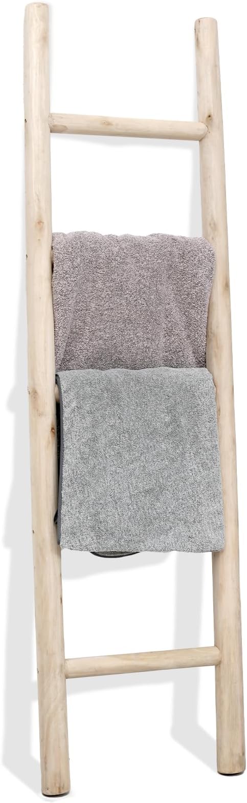 FUIN Blanket Ladder, 57in Rustic Solid Wood Decorative Ladder, Natural | Farmhouse living room accent, Layered blanket towel quilt display, Visible wood grain, Bathroom and Bedroom use