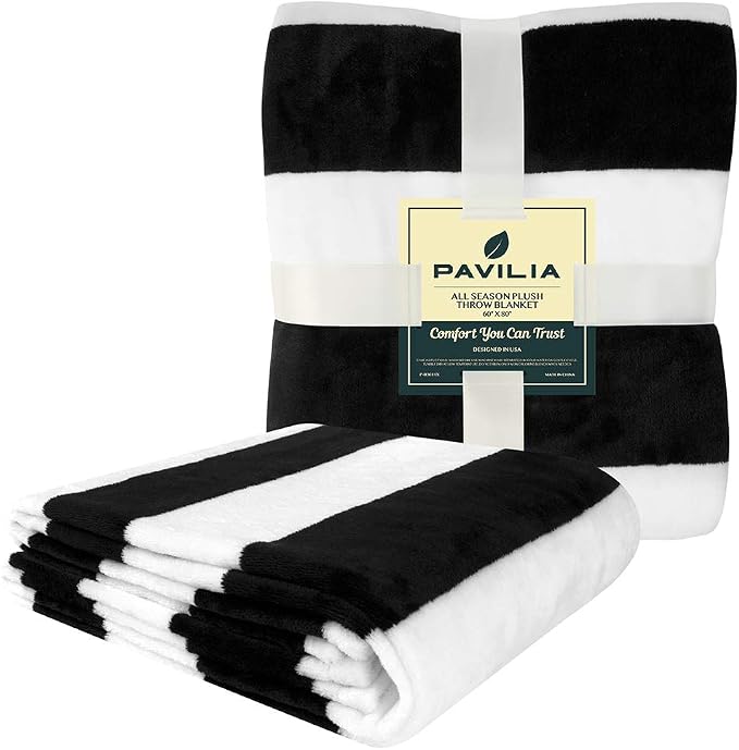 PAVILIA Striped Throw Blanket for Sofa Couch Bed | Soft Flannel Fleece Stripe Black and White Decorative Throw | Warm Cozy Lightweight Microfiber | 60 x 80 Inches
